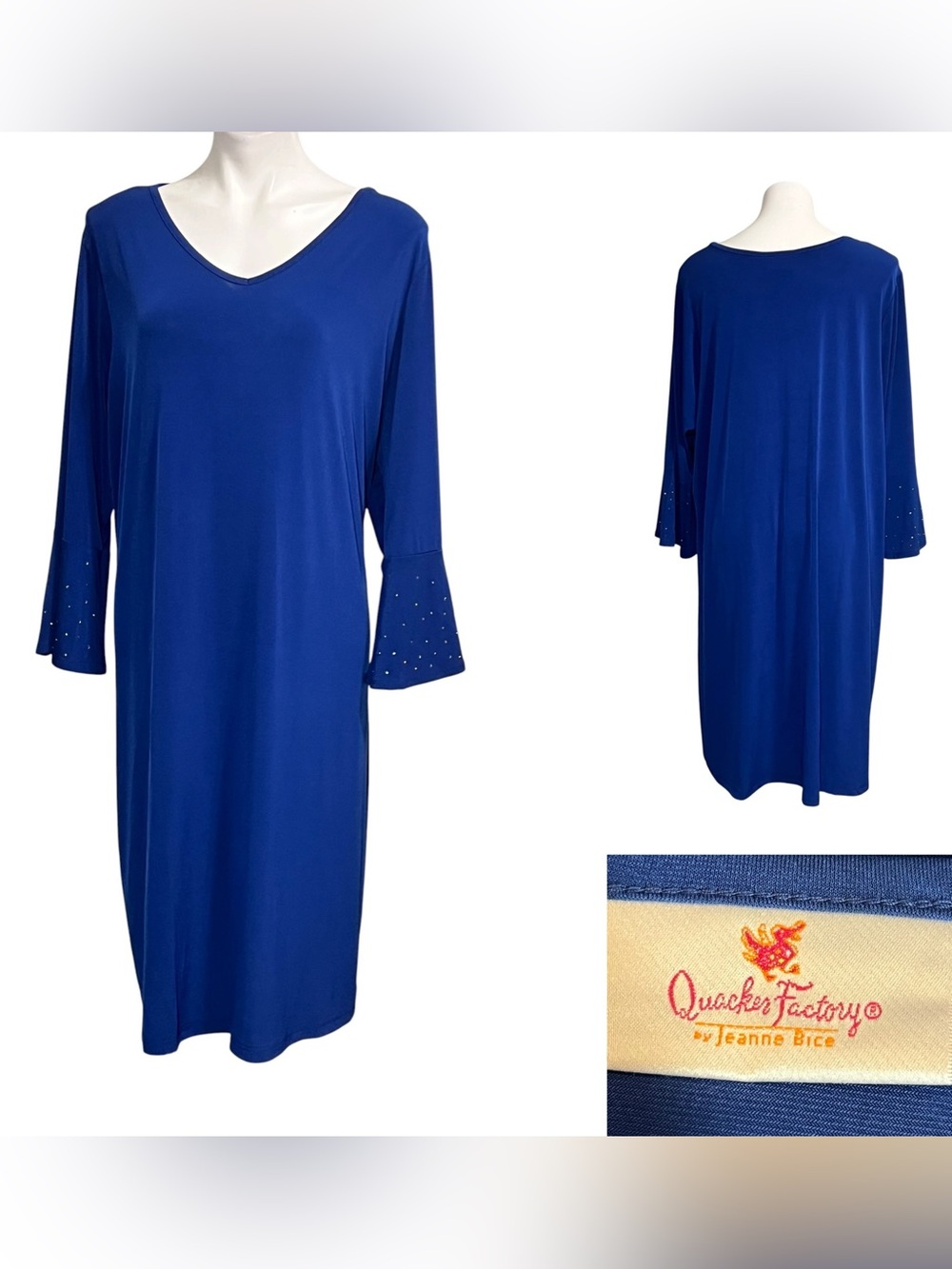 Quacker Factory dress 2X Cobalt V-Neck Embellished Bell Sleeves office‎ fall
